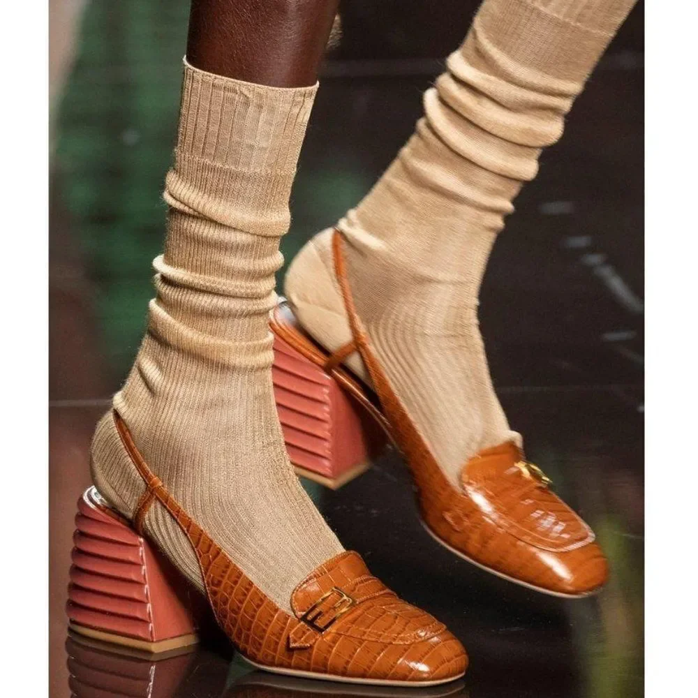 FENDI Orange Rust Runway Croc Effect FF Logo Buckle Slingback Pumps Size… - Picture 2 of 16